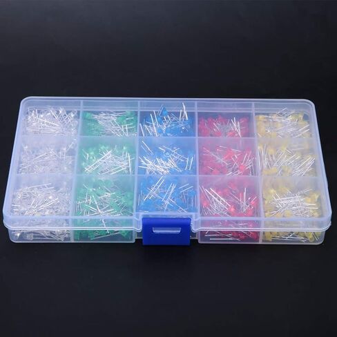 1000Pcs 3mm LED Light Emitting Diodes, Assorted Colors Red Yellow Blue Green White, Low Heat Energy Saving, with Storage, for DIY Projects Science Experiments Car Decorations in Kuwait