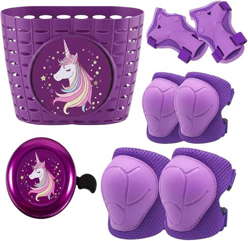 Kids Protective Gear with Bike Basket and Bell Set, Pink and Purple Unicorn Theme, Includes Knee Pads, Elbow Pads, and Wrist Guards in Kuwait