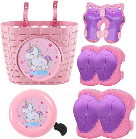 Kids Protective Gear with Bike Basket and Bell Set, Pink and Purple Unicorn Theme, Includes Knee Pads, Elbow Pads, and Wrist Guards in Kuwait