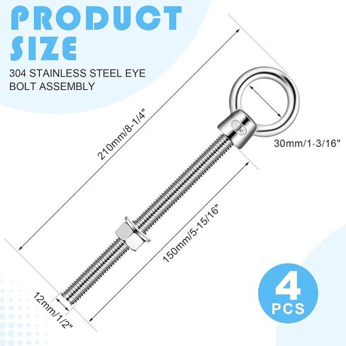 4 Pack 1/2"x 8" Stainless Steel Eye Bolts with Nuts Heavy Duty Eye Bolts for Rigging Anchoring Pulling Pushing, Anti Rust 304 Marine Grade in Kuwait