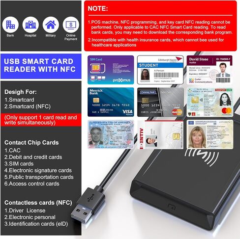 قارئ NFC وقارئ CAC، قارئ بطاقات ذكية عسكري 2 في 1 مع دعم NFC IC/ID/PIV/بطاقة البنك/الائتمان، قارئ بطاقة USB CAC مع تقنية النقر للقراءة NFC بدون تلامس، متوافق مع أجهزة Mac وWindows وAndroid وLinux in Kuwait