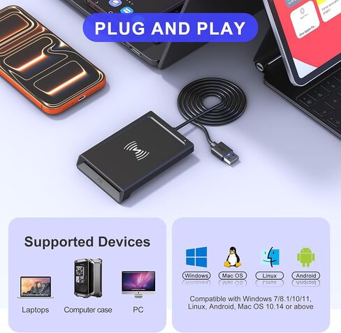 قارئ NFC وقارئ CAC، قارئ بطاقات ذكية عسكري 2 في 1 مع دعم NFC IC/ID/PIV/بطاقة البنك/الائتمان، قارئ بطاقة USB CAC مع تقنية النقر للقراءة NFC بدون تلامس، متوافق مع أجهزة Mac وWindows وAndroid وLinux in Kuwait