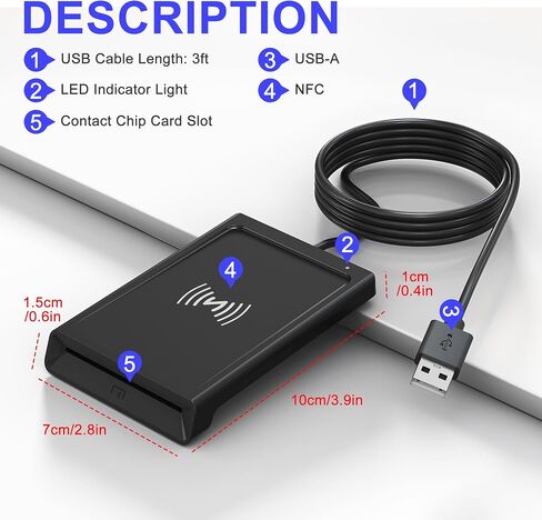 قارئ NFC وقارئ CAC، قارئ بطاقات ذكية عسكري 2 في 1 مع دعم NFC IC/ID/PIV/بطاقة البنك/الائتمان، قارئ بطاقة USB CAC مع تقنية النقر للقراءة NFC بدون تلامس، متوافق مع أجهزة Mac وWindows وAndroid وLinux in Kuwait