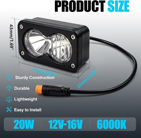 مصباح أمامي LED متوافق مع Ridstar Q20 Ebike، 3 Pin 20W 6500K ضوء أمامي مقاوم للماء، 12V-60V التوصيل والتشغيل in Kuwait