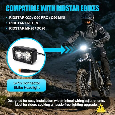 مصباح أمامي LED متوافق مع Ridstar Q20 Ebike، 3 Pin 20W 6500K ضوء أمامي مقاوم للماء، 12V-60V التوصيل والتشغيل in Kuwait