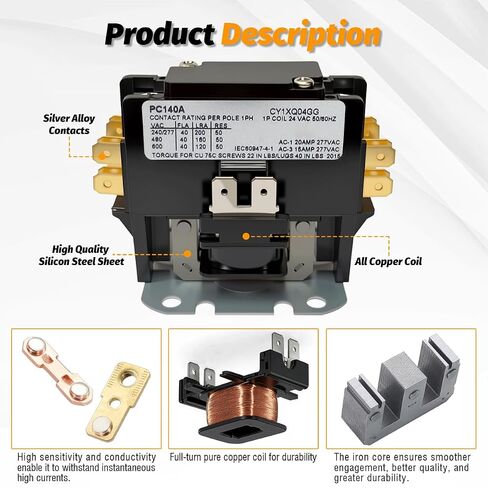 PC140A 1 Pole 40 Amps 24 Volts Coil HVAC Contactor, FL 40A RES 50A 24V 1P Single One Pole A/C Contactor, AC Definite Purpose Contactor for Air Conditioner Condenser Compressor Heat Pump Water Heater in Saudi Arabia