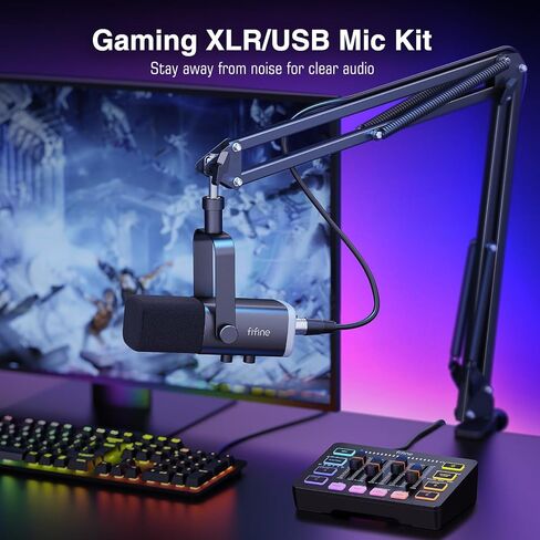 حزمة تدفق الألعاب FIFINE مع مجموعة ميكروفون XLR، خلاط الكمبيوتر، كابل XLR بطول 10 أقدام، ميكروفون ديناميكي مع مقبض كسب، زر كتم الصوت، مجموعة خلاط صوت RGB مع تحكم فردي، خافت مستوى الصوت للتسجيل الصوتي in Kuwait