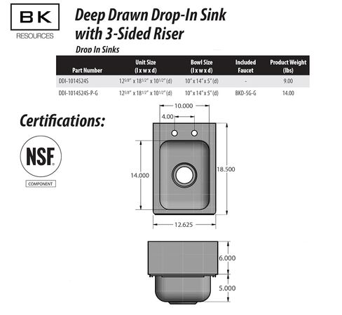 BK Resources NSF التجارية مقصورة واحدة في الحوض مع صنبور، 10 بوصة × 14 بوصة × 5 بوصة، 3 واقيات من الرذاذ على الجوانب، 18 مقياس T-304 من الفولاذ المقاوم للصدأ، تركيب علوي، صنبور معقوفة 5 بوصة، بناء سلس in Kuwait