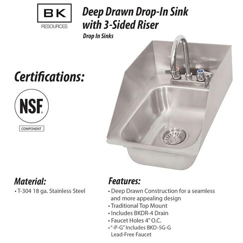 BK Resources NSF التجارية مقصورة واحدة في الحوض مع صنبور، 10 بوصة × 14 بوصة × 5 بوصة، 3 واقيات من الرذاذ على الجوانب، 18 مقياس T-304 من الفولاذ المقاوم للصدأ، تركيب علوي، صنبور معقوفة 5 بوصة، بناء سلس in Kuwait