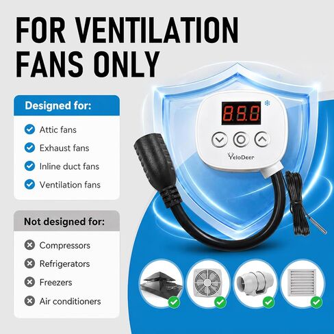 Digital Cooling Thermostat Outlet, 120V Plug-in Temperature Controller for Attic Fan and Exhaust Fan, Precise Temperature Control, 0–10H Timer, Forced Cooling in Kuwait