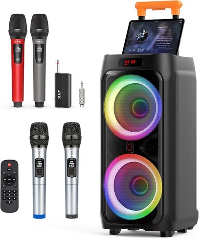 JYX 24" Big Karaoke Machine with 2 Wireless Microphones & Extra 2 Wireless Microphones, Portable Bluetooth Speaker for Adults with RGB Light PA System Treble & Bass, Support TWS/USB/AUX/TF Card/REC in Saudi Arabia