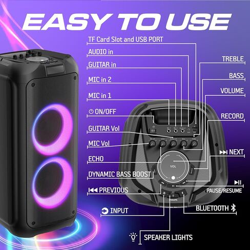 Philips Bluetooth Party Speaker, 120W Powerful Sound with Dynamic Bass Boost, 10 RGB Light Modes, Karaoke Mic & Guitar Inputs, FM Radio, USB/TF/AUX Playback, Portable Handle, Remote Control (Cordless) in Saudi Arabia
