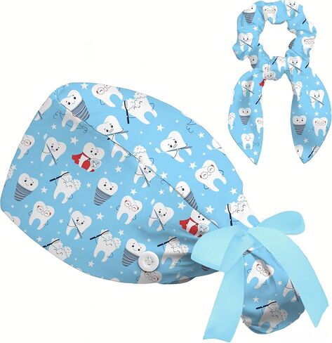 Nurse Scrub Caps for Women Adjustable Ponytail Hat with Sweatband & Bow Scrunchie | Medical Working Cap with Button in Kuwait