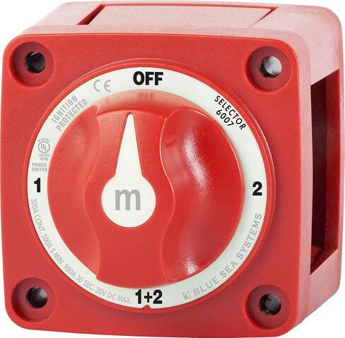 BLUE SEA SYSTEMS BS-6007 / Mini Battery Switch, MFG# 6007, Red, 300A cont., 500A int., 32VDC. Positions: 1-2-off-both. in Kuwait