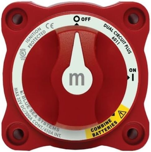BLUE SEA SYSTEMS Mini Battery Switch, MFG# 6011, Red, 300A cont., 500A int., 32VDC. Positions: two-circuit on-off with combiner / BS-6011 / in Kuwait