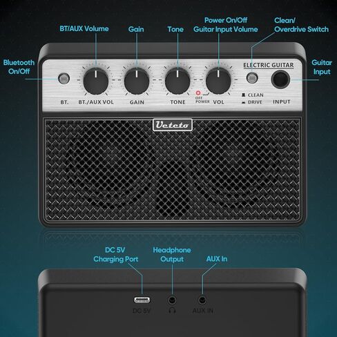Ueteto 10W Mini Guitar Amp | Portable, Rechargeable, Electric Guitar Practice Amplifier, Clean and Drive Channels in Kuwait