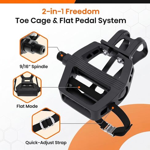 Bike Pedals with Toe Cages for Regular or Clipless Shoes, 9/16'' Spindle, Compatible with Mountain Road Bikes, Peloton, Schwinn, Sunny Bikes - 500lb Load Capacity in Kuwait