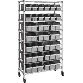 Seville Classics Heavy Duty NSF Bin Rack وحدة تخزين الأسلاك الصلب الصلب ، منظم براءة اختراع للمرآب ، المستودع ، المكتب ، المطعم ، الفصل الدراسي ، المطبخ ، الرمادي ، يشمل 21 صناديق in Kuwait