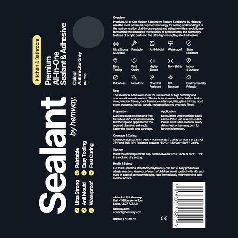Anthracite Gray Kitchen & Bathroom Sealant & Adhesive Hybrid Polymer | Superior to Silicone Caulk Sealant | Waterproof, Paintable, Dark Gray | Ideal for Around Bathtub, Shower, Kitchen - 300ml 1 Pack in Kuwait