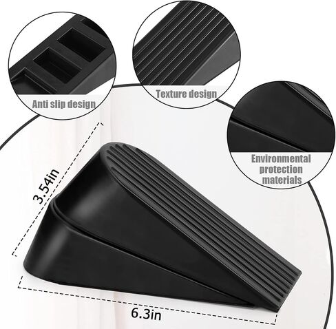 Big Door Stopper 2 Packs, Heavy Duty Wedge Rubber Door Stop Works on All Floor Surfaces, Non-Scratching Doorstops Special for Home Office School Heavy Door (Black, H1.9 x L6.3 x W2.7 Inches) in Kuwait
