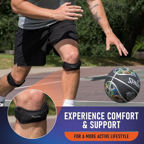 PhysFlex 2 حزمة من حزام دعم وتر الرضفة - دعامة الركبة لتخفيف الألم، شريط الرضفة لكرة السلة، ركبة القفز، التهاب الأوتار، حزام تثبيت الرضفة قابل للتعديل للرجال والنساء in Kuwait