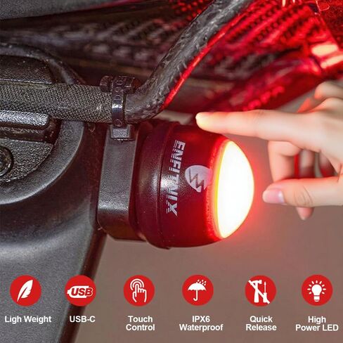 مصباح دراجة خلفي من ENFITNIX The Nut، مفتاح لمس، مصابيح LED فائقة السطوع للدراجة، USB-C قابلة لإعادة الشحن IPX6 مقاومة للماء، تشغيل/إيقاف تلقائي لأضواء الدراجة لركوب الدراجات الليلية وملحقات السلامة. in Kuwait