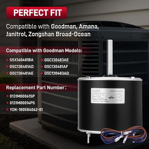 0131M00061SP محرك مروحة مكثف 1/4 HP 830RPM 208-230V 1.5A متوافق مع مكيف الهواء Goodman Amana Janitrol Zhongshan Broad-Ocean، يستبدل # YDK-180S84062-01 0131M00014PS in Kuwait