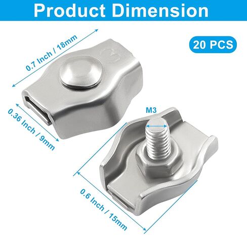 20Pcs M3 304 Stainless Steel Single Wire Rope Clips, for 1/16in-1/8in Diameter Wire Rope, Simplex Bolt Cable Clamp for Picture Hanging Christams String Light in Kuwait
