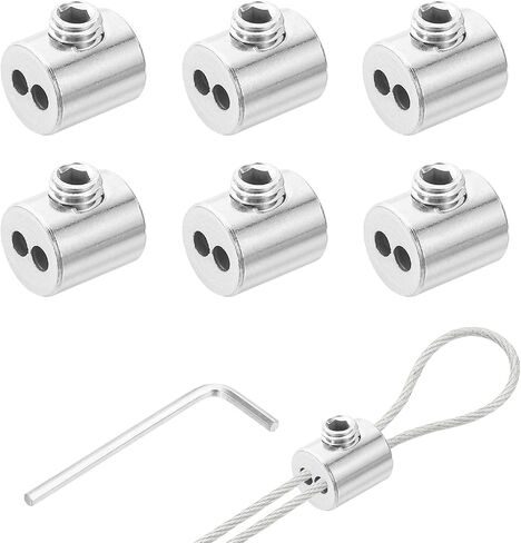MECCANIXITY 6Pcs 1/16" Wire Rope Cable Clip Clamp for 1-2mm Cable, Double Hole Cylinder Wire Rope Clamps with Hex Screws Stopper & Wrench for Chandelier Ceiling Lighting String Light in Kuwait
