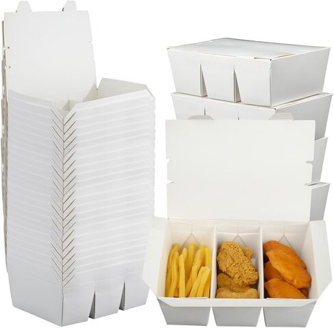 30 Pack 3 Compartment Paper Take Out Food Containers, 7.5x5.4x2.6" White Take Out Boxes, Disposable To Go Container Take Out Containers, Greaseproof Paper Bento Box Takeout Lunch Boxes with Lid in Kuwait