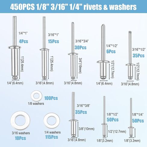 450Pcs 304 Stainless Steel Pop Rivets with Washers Assortment Kit, 8 SAE Sizes (1/8", 3/16", 1/4") Blind Rivets for DIY, Home, Automotive and Metal Repairs in Saudi Arabia