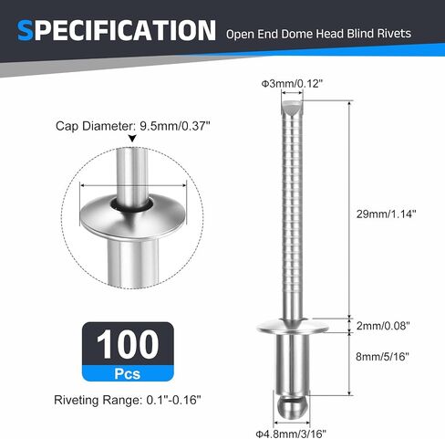 304 Stainless Steel Open End Blind Rivets Dome Head Rivet 3/16" x 5/16", Silver Finish - 100PCS Heavy Duty Fasteners for Automotive, Marine, RV, HVAC, Furniture in Kuwait
