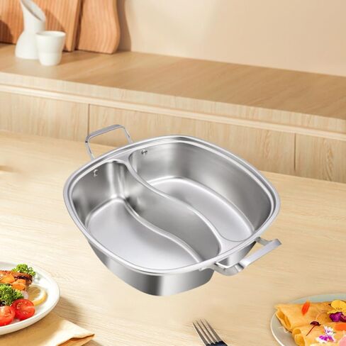Shabu Shabu Hot Pot Stainless Steel Divided Hot Pot Pan with Two Flavor Separation Hollow Handle Easy Maintenance Suitable for, Without lid in Kuwait