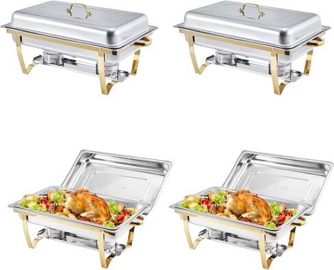 Chafing Dish Buffet Set 4 Pack, 8Qt Square Chafers and Buffet Warmers Sets with Lid & Foldable Frame, Stainless Steel Chafer Food Warmer for Parties Wedding Catering Supplies, Gold in Kuwait