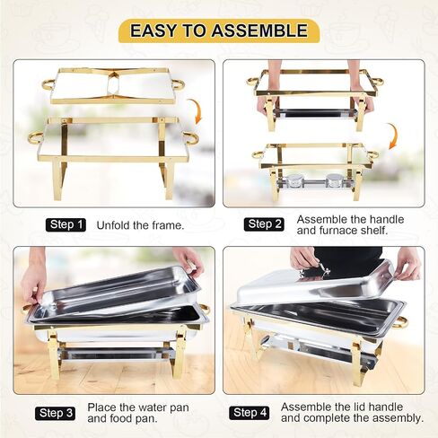 Chafing Dish Buffet Set 4 Pack, 8Qt Square Chafers and Buffet Warmers Sets with Lid & Foldable Frame, Stainless Steel Chafer Food Warmer for Parties Wedding Catering Supplies, Gold in Kuwait