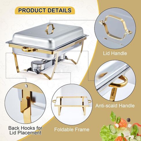 Chafing Dish Buffet Set 4 Pack, 8Qt Square Chafers and Buffet Warmers Sets with Lid & Foldable Frame, Stainless Steel Chafer Food Warmer for Parties Wedding Catering Supplies, Gold in Kuwait