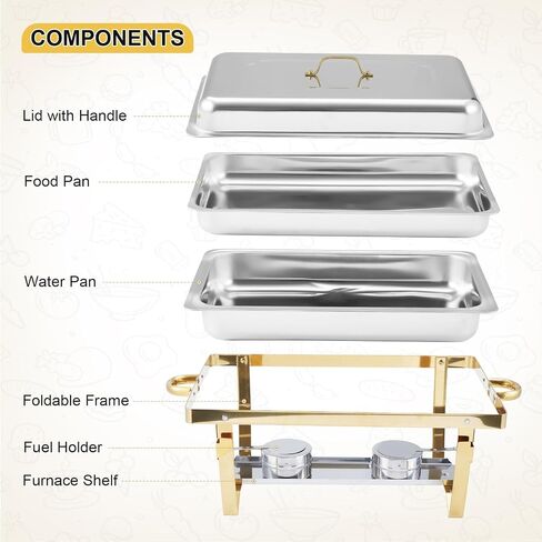 Chafing Dish Buffet Set 4 Pack, 8Qt Square Chafers and Buffet Warmers Sets with Lid & Foldable Frame, Stainless Steel Chafer Food Warmer for Parties Wedding Catering Supplies, Gold in Kuwait