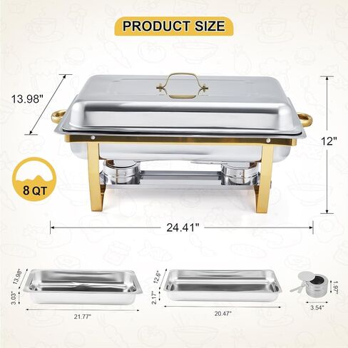 Chafing Dish Buffet Set 4 Pack, 8Qt Square Chafers and Buffet Warmers Sets with Lid & Foldable Frame, Stainless Steel Chafer Food Warmer for Parties Wedding Catering Supplies, Gold in Kuwait
