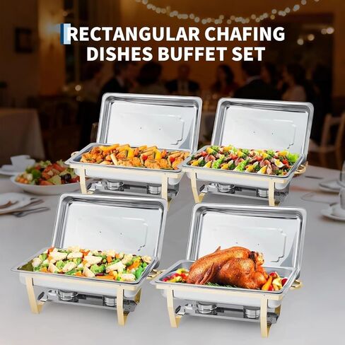 Chafing Dish Buffet Set 4 Pack, 8Qt Square Chafers and Buffet Warmers Sets with Lid & Foldable Frame, Stainless Steel Chafer Food Warmer for Parties Wedding Catering Supplies, Gold in Kuwait