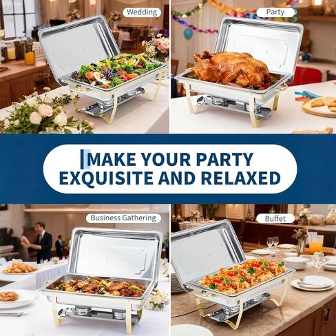 Chafing Dish Buffet Set 4 Pack, 8Qt Square Chafers and Buffet Warmers Sets with Lid & Foldable Frame, Stainless Steel Chafer Food Warmer for Parties Wedding Catering Supplies, Gold in Kuwait