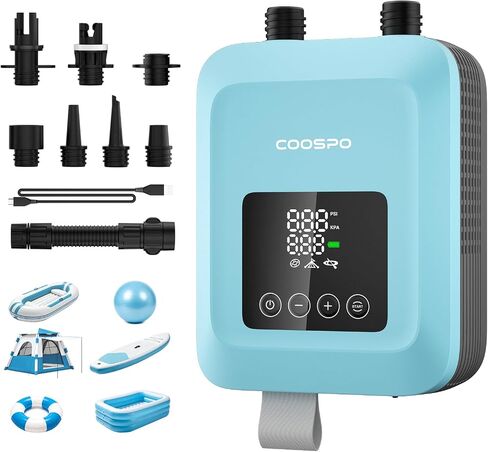 مضخة هواء CooSpo الكهربائية SUP، منفاخ كهربائي عالي الضغط 20 رطل لكل بوصة مربعة، 59.2/44.4 واط في الساعة تعمل ببطارية قابلة لإعادة الشحن، ضوضاء منخفضة، شاشة رقمية توقف تلقائي، نفخ مزدوج الوضع لزوارق الكاياك، ألواح التجديف in Kuwait