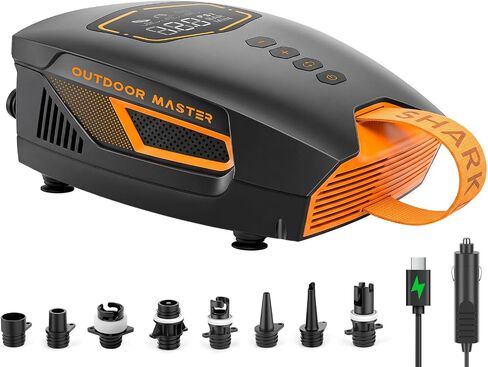 OutdoorMaster Shark 3 Mini 74Wh مضخة كهربائية محمولة على شكل مجداف، نفخ سريع 5'30 بوصة، مضخة هواء SUP قابلة لإعادة الشحن، إيقاف تلقائي وانكماش، 20PSI 12V/15.8V DC ومدخل النوع C، 8 فوهات للنفخ in Kuwait