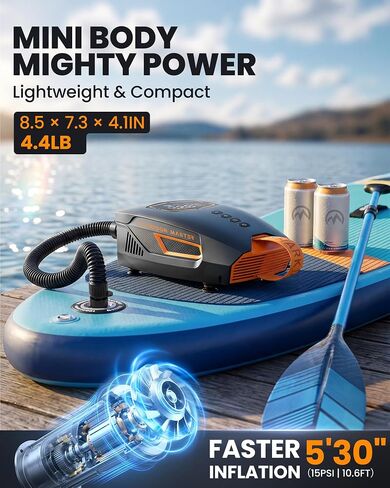 OutdoorMaster Shark 3 Mini 74Wh مضخة كهربائية محمولة على شكل مجداف، نفخ سريع 5'30 بوصة، مضخة هواء SUP قابلة لإعادة الشحن، إيقاف تلقائي وانكماش، 20PSI 12V/15.8V DC ومدخل النوع C، 8 فوهات للنفخ in Kuwait