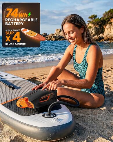 OutdoorMaster Shark 3 Mini 74Wh مضخة كهربائية محمولة على شكل مجداف، نفخ سريع 5'30 بوصة، مضخة هواء SUP قابلة لإعادة الشحن، إيقاف تلقائي وانكماش، 20PSI 12V/15.8V DC ومدخل النوع C، 8 فوهات للنفخ in Kuwait