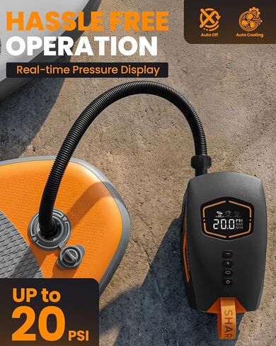 OutdoorMaster Shark 3 Mini 74Wh مضخة كهربائية محمولة على شكل مجداف، نفخ سريع 5'30 بوصة، مضخة هواء SUP قابلة لإعادة الشحن، إيقاف تلقائي وانكماش، 20PSI 12V/15.8V DC ومدخل النوع C، 8 فوهات للنفخ in Kuwait