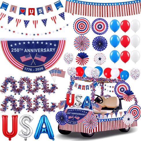 MiniInflat 4th of July Golf Cart Decorations Kit Patriotic Parade Decor with Pleated Fan Flag Foil Fringe Garland Paper Fans Small Flags for 250th Anniversary Independence Day in Kuwait