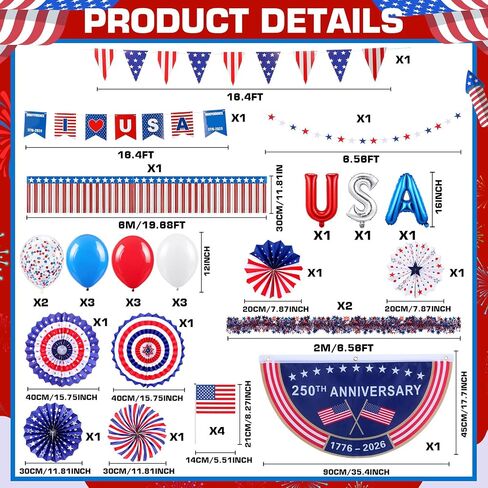 MiniInflat 4th of July Golf Cart Decorations Kit Patriotic Parade Decor with Pleated Fan Flag Foil Fringe Garland Paper Fans Small Flags for 250th Anniversary Independence Day in Kuwait