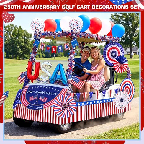 MiniInflat 4th of July Golf Cart Decorations Kit Patriotic Parade Decor with Pleated Fan Flag Foil Fringe Garland Paper Fans Small Flags for 250th Anniversary Independence Day in Kuwait