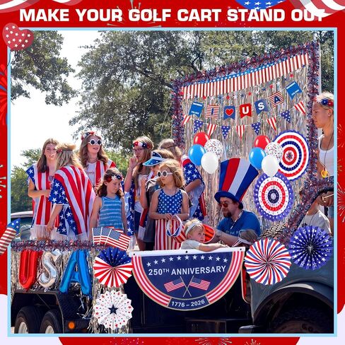 MiniInflat 4th of July Golf Cart Decorations Kit Patriotic Parade Decor with Pleated Fan Flag Foil Fringe Garland Paper Fans Small Flags for 250th Anniversary Independence Day in Kuwait