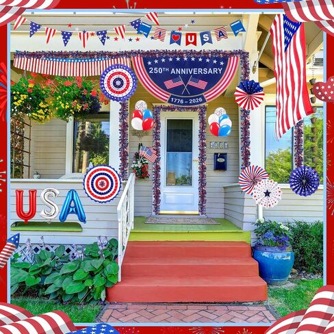 MiniInflat 4th of July Golf Cart Decorations Kit Patriotic Parade Decor with Pleated Fan Flag Foil Fringe Garland Paper Fans Small Flags for 250th Anniversary Independence Day in Kuwait